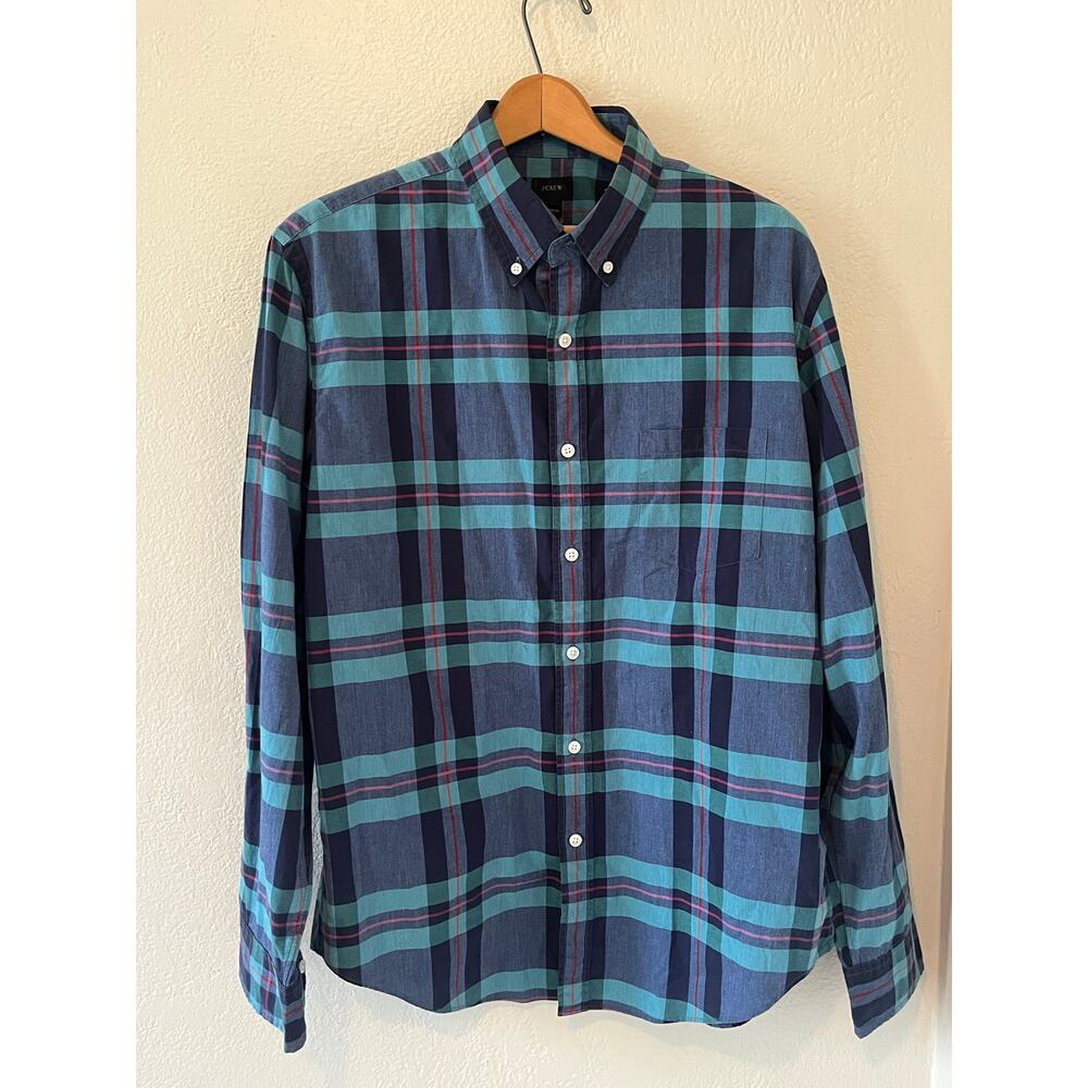Men's J Crew Blue Plaid Button Down Casual‎ Cotton Dress Shirt Sz Large